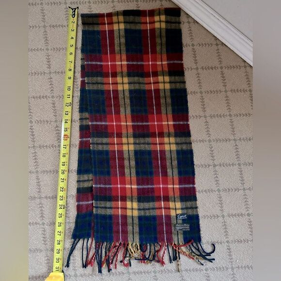 Vintage Cejon black, yellow, red, orange plaid muffler scarf with fringe. - Picture 2 of 5